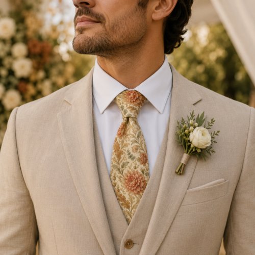 Vintage Autumn Dahlia and Acanthus Floral Neck Tie