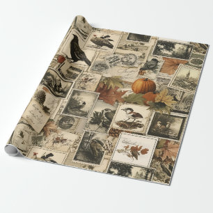 Vintage Autumn Ephemera Collage Rustic Birds (2) Wrapping Paper