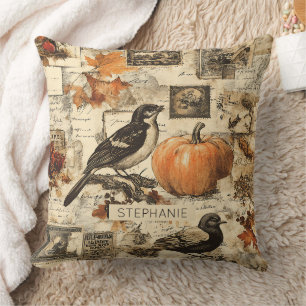 Vintage Autumn Ephemera Collage Rustic Birds Throw Pillow