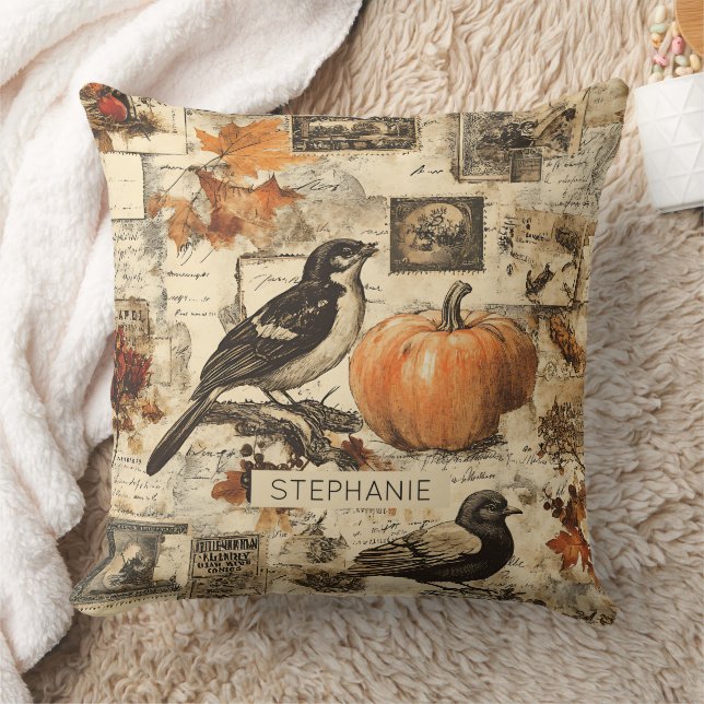 Vintage Autumn Ephemera Collage | Rustic Birds Throw Pillow (Blanket)