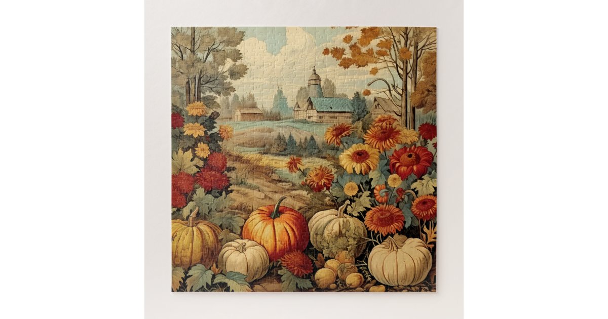 Vintage Autumn Fall Countryside Farm Barn Pumpkins Jigsaw Puzzle | Zazzle