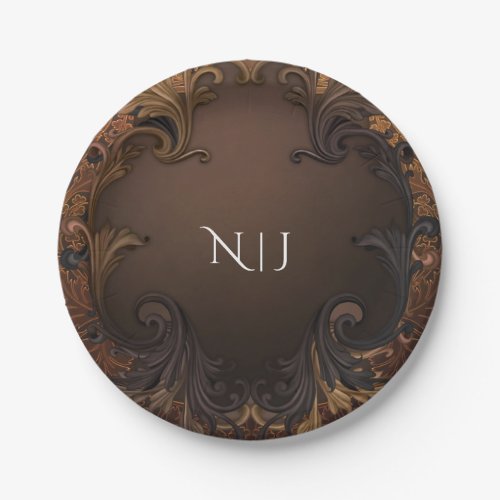 Vintage Autumn Fall Gold Ornamental Leaves Wedding Paper Plates