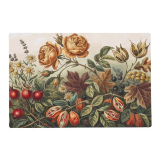 Vintage Autumn Floral Art Set, Fall Botanical Placemat