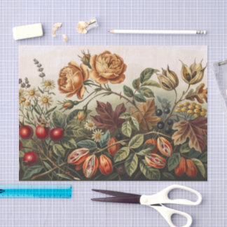Vintage Autumn Floral Art Set, Fall Botanical Tissue Paper