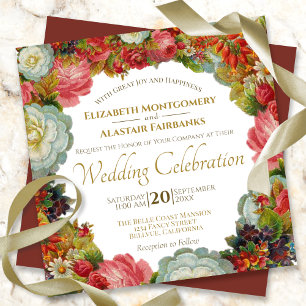Vintage Autumn Floral Boho Marsala Square Wedding Invitation