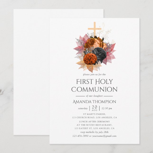 Vintage Autumn Floral Bouquet Holy Communion Invitation (Front/Back)