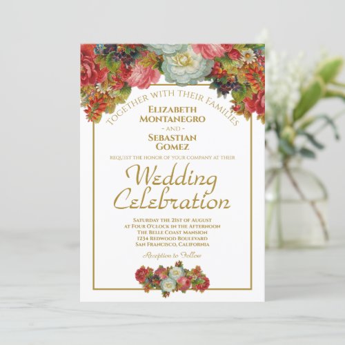 Vintage Autumn Floral Gold White Marsala Wedding Invitation