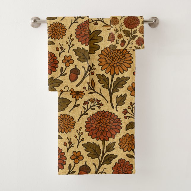 Vintage Autumn Floral Pattern Bath Towel Set (Insitu)