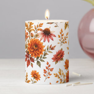 Vintage Autumn Floral Pattern with Sunflowers Pillar Candle