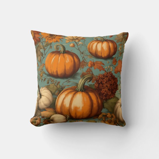  "Vintage Autumn Flowers & Pumpkins - Throw Pillow (Front)