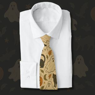 Vintage Autumn Ghosts & Black Cats Halloween Neck Tie