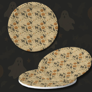 Vintage Autumn Ghosts & Black Cats Halloween Paper Plates