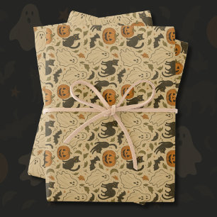 Vintage Autumn Ghosts & Black Cats Halloween Wrapping Paper Sheets