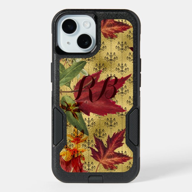 Vintage Autumn Leaves Monogrammed iPhone 15 Case (Back)