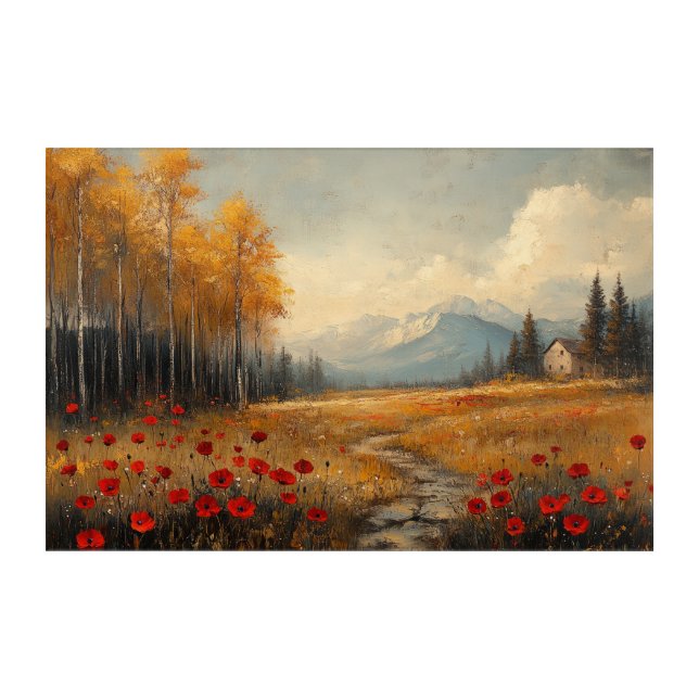 Vintage Autumn Meadow Painting Poppies Acrylic Print (Front)
