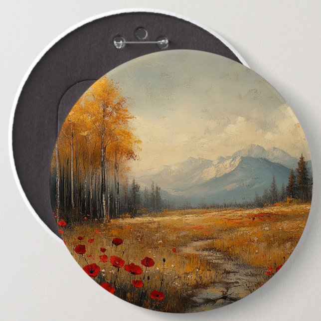 Vintage Autumn Meadow Painting Poppies Button (Front & Back)