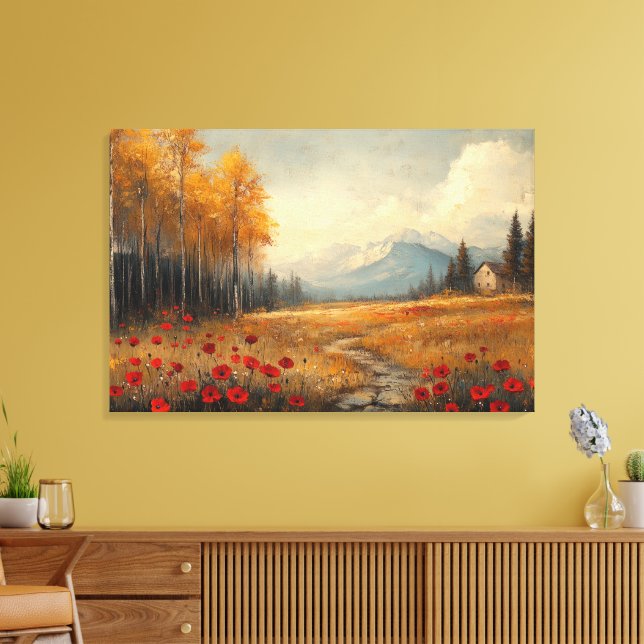 Vintage Autumn Meadow Painting Poppies Canvas Print (Insitu(LivingRoom))