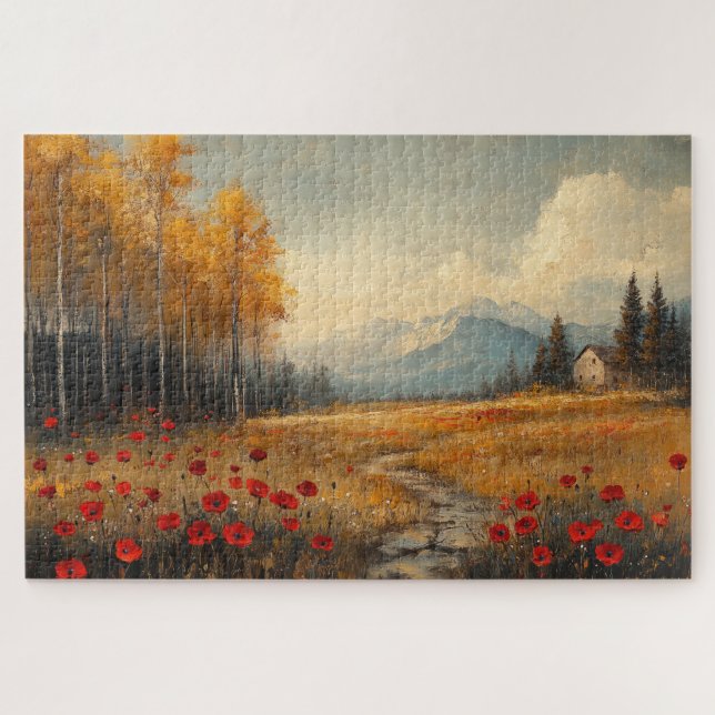 Vintage Autumn Meadow Painting Poppies Jigsaw Puzzle (Horizontal)
