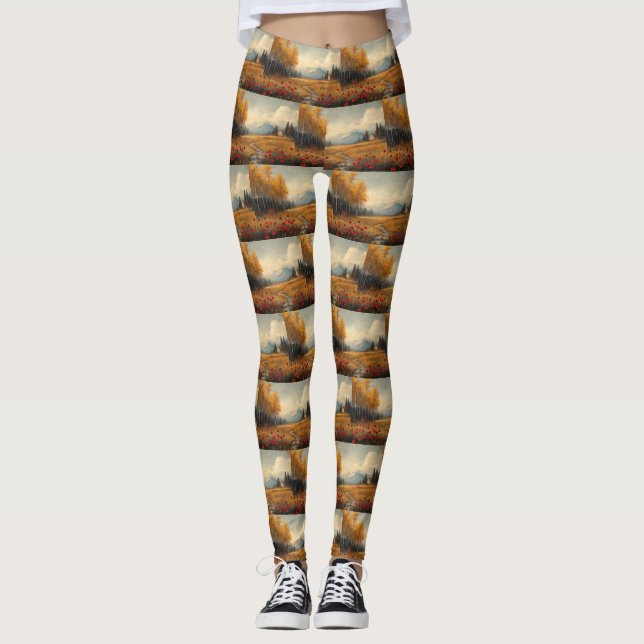 Vintage Autumn Meadow Painting Poppies Leggings (Front)