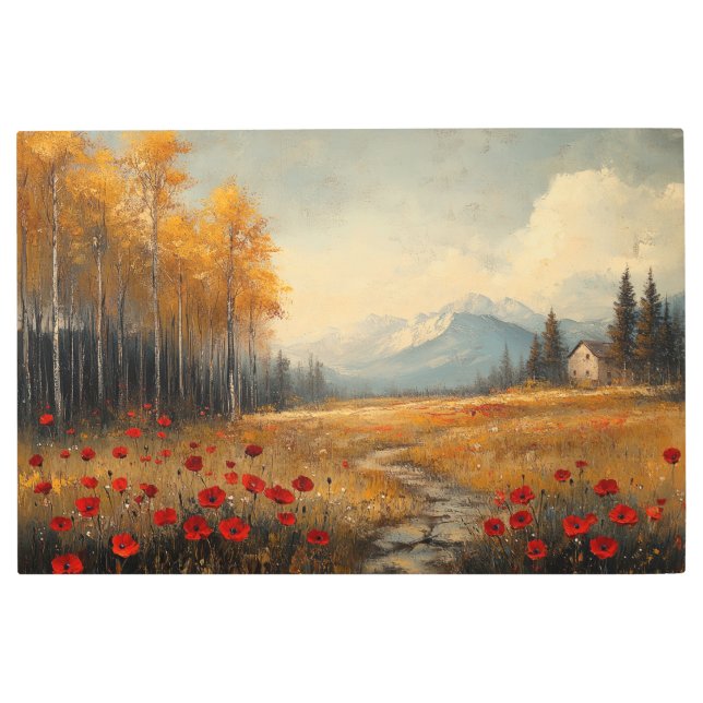 Vintage Autumn Meadow Painting Poppies Metal Print (Front)
