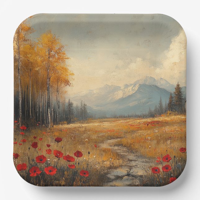 Vintage Autumn Meadow Painting Poppies Paper Plates (Front)