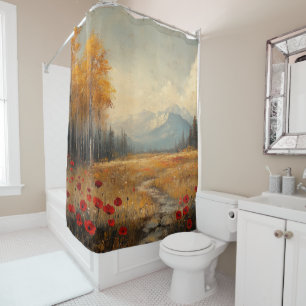 Vintage Autumn Meadow Painting Poppies Shower Curtain