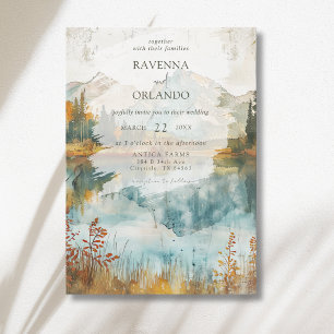 Vintage Autumn Mountain Lake Fall Wedding Invitation