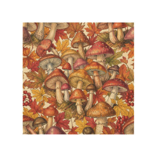 Vintage Autumn Mushroom Forest Botanical Pattern Wood Wall Art