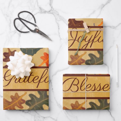 Vintage Autumn Oak Leaves Grateful Joyful Blessed Wrapping Paper Sheets