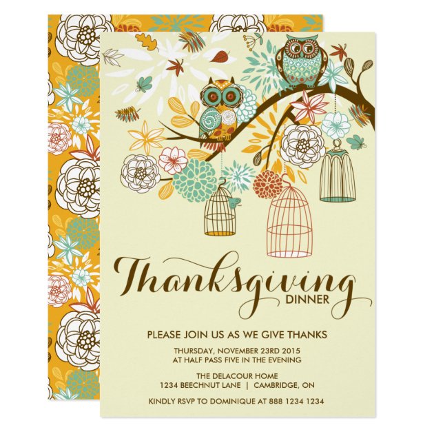 Vintage Autumn Owls Thanksgiving Dinner Invitation