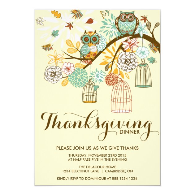 Vintage Autumn Owls Thanksgiving Dinner Invitation