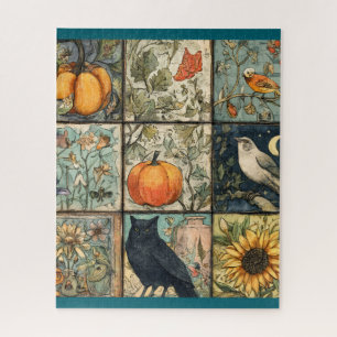 Vintage autumn patchwork look pumpkin owl flower jigsaw puzzle