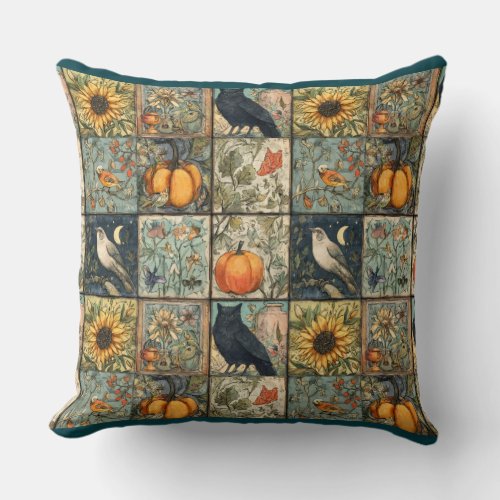 Vintage autumn patchwork look pumpkin owl flower throw pillow