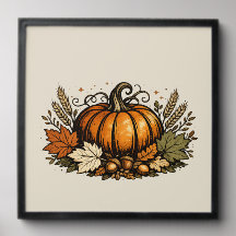 Vintage Autumn Pumpkin & Harvest Leaves |