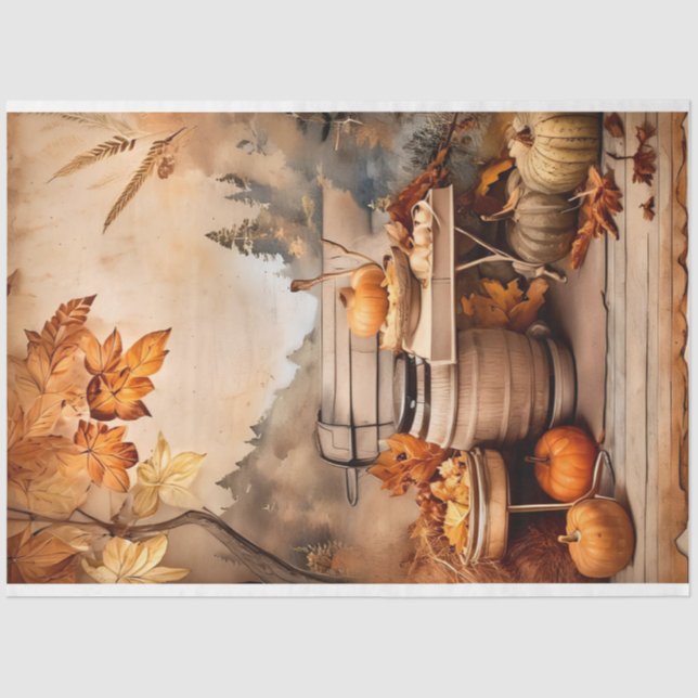 Vintage Autumn Pumpkin  Scene Decoupage Print Tissue Paper (Front)