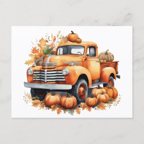 Vintage Autumn Pumpkin Watercolor Truck Holiday Postcard