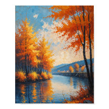 Vintage Autumn River Landscape Art