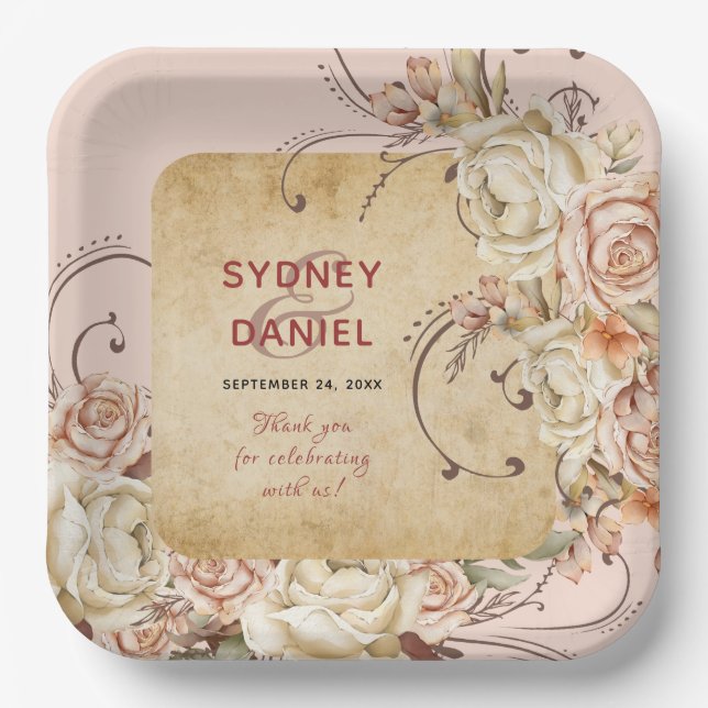 Vintage Autumn Rose Wedding Paper Plate (Front)