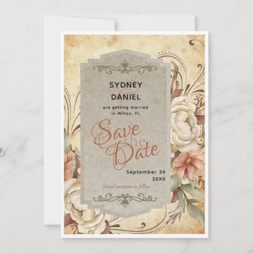 Vintage Autumn Rose Wedding Save the Date Card