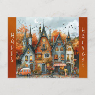 Vintage Autumn Village Thanksgiving Holiday Postcard