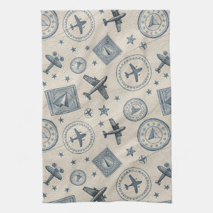 Vintage Aviation Passport Stamp Pattern (1) Kitchen Towel