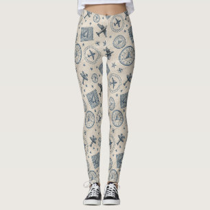 Vintage Aviation Passport Stamp Pattern (1) Leggings