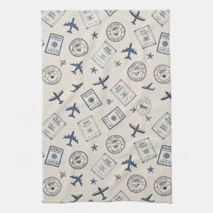 Vintage Aviation Passport Stamp Pattern (2) Kitchen Towel