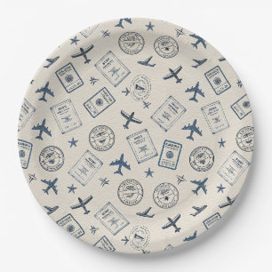 Vintage Aviation Passport Stamp Pattern (2) Paper Plates