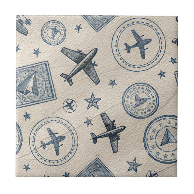 Vintage Aviation Passport Stamp Pattern Ceramic Tile (Front)