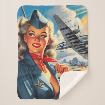 Vintage Aviation Pin Up Sherpa Blanket