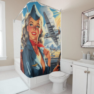 Vintage Aviation Pin Up Shower Curtain