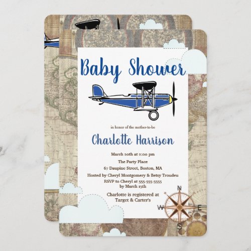 Vintage Aviator Airplane World Travel Baby Shower Invitation