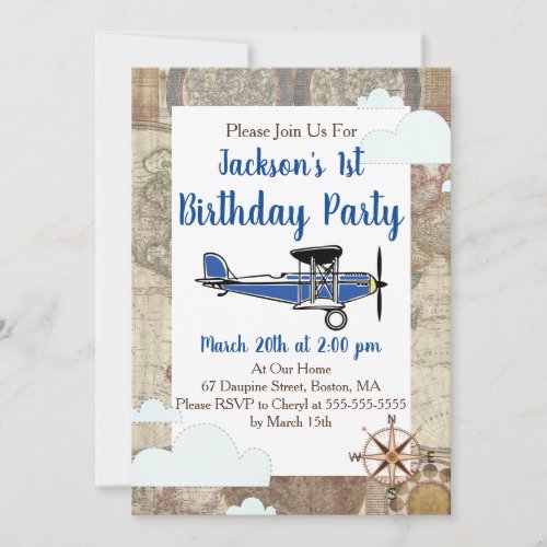 Vintage Aviator Airplane World Travel Birthday Invitation