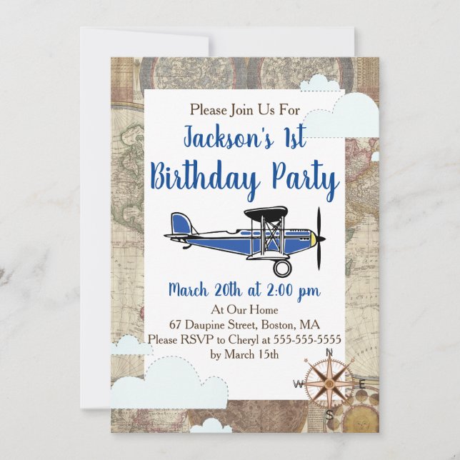 Vintage Aviator Airplane World Travel Birthday Invitation (Front)